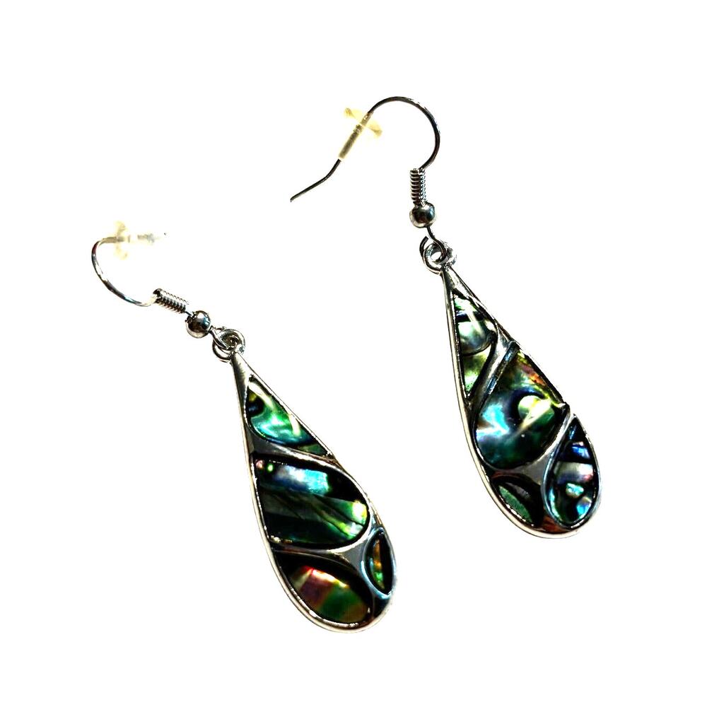 Pierced earrings drop & dangle silver green & blue abalone shell beach teardrops